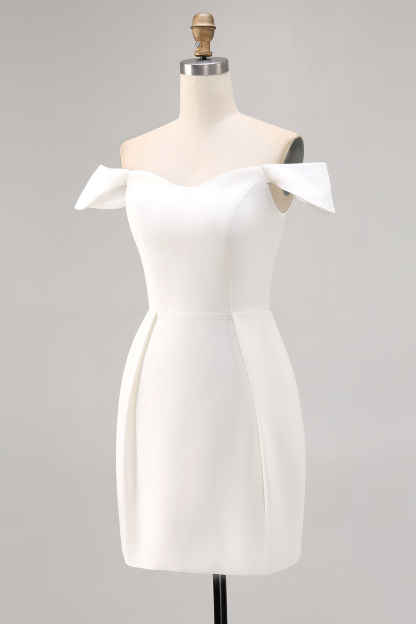 Satin Off the Shoulder Bodycon White Mini Dress