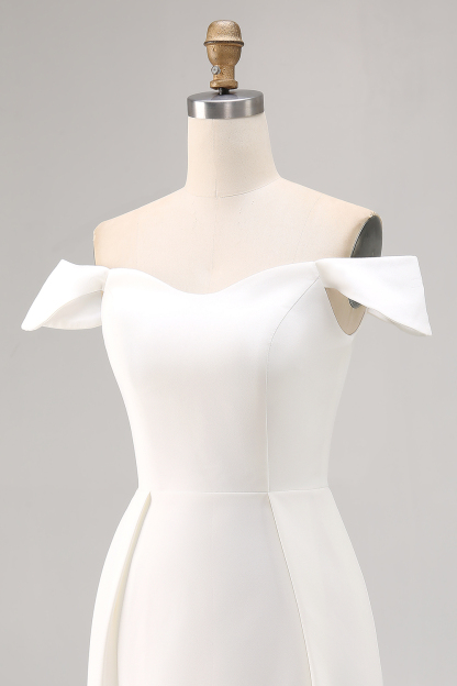 Satin Off the Shoulder Bodycon White Mini Dress