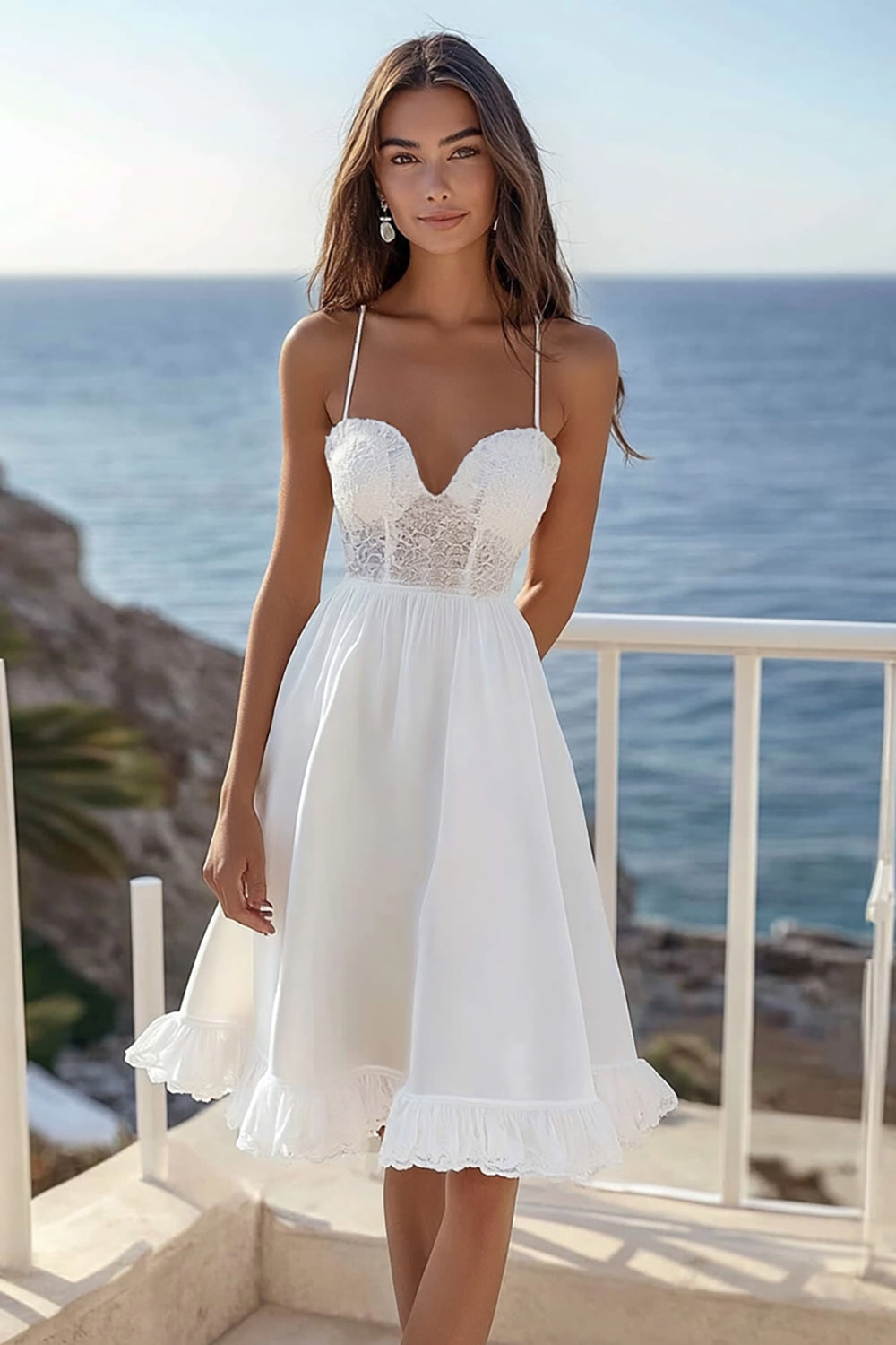 White A Line Short Graduation Dress with Lace