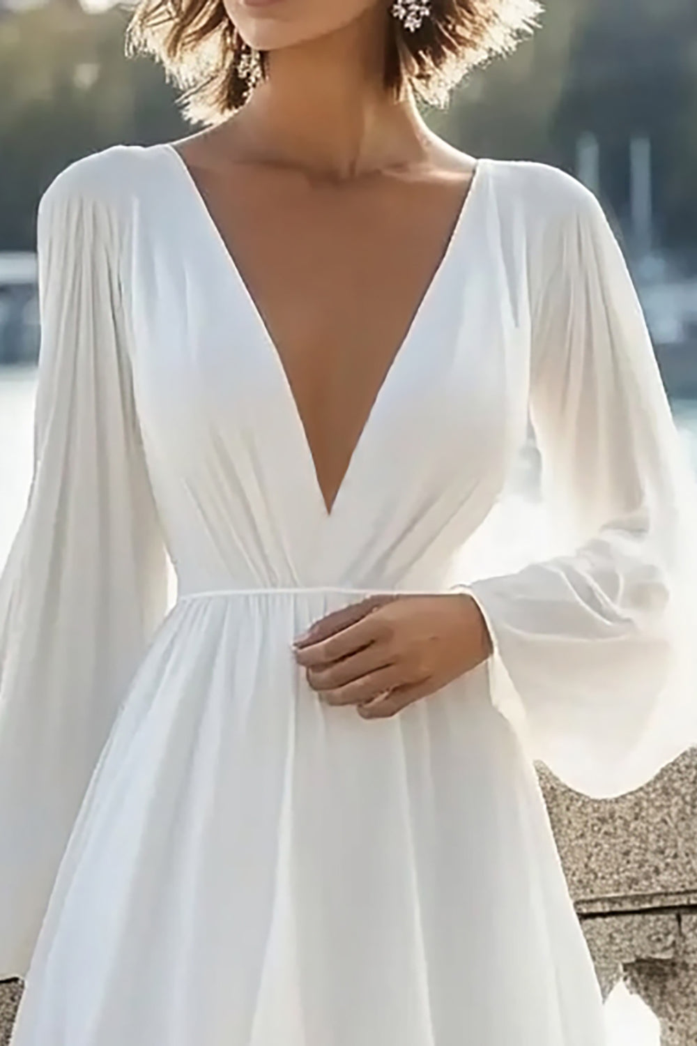 White Long Sleeves Chiffon Mini Graduation Dress