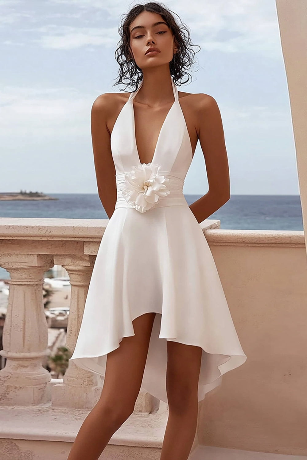 White Satin A Line Halter Short Graduation Dress with Flower