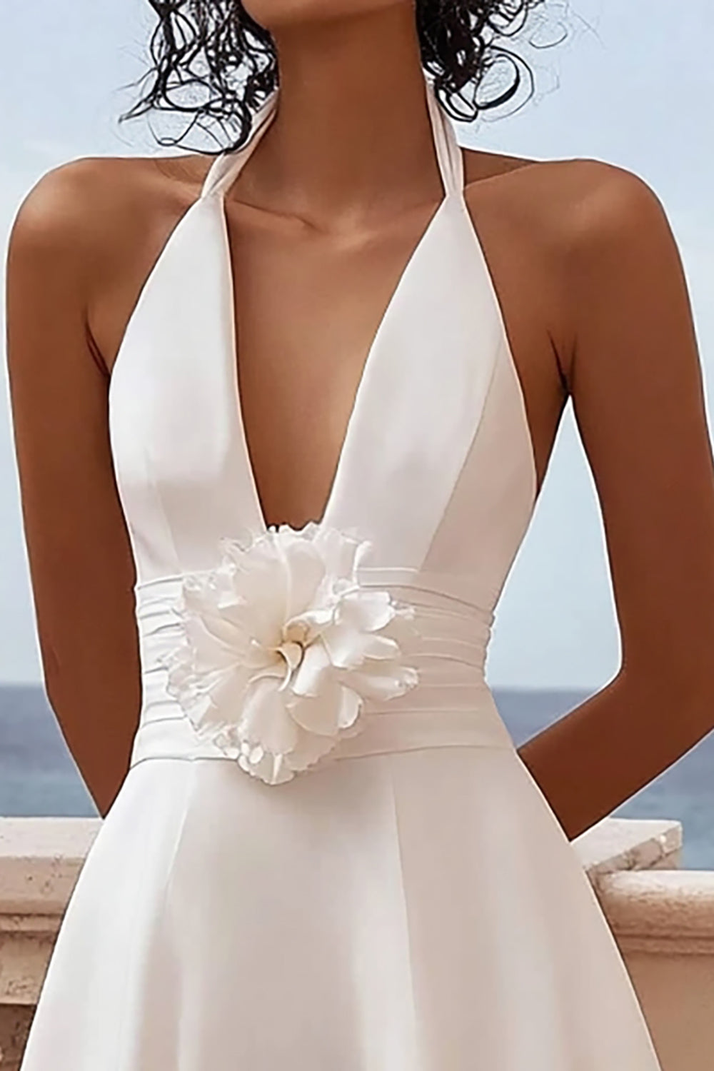 White Satin A Line Halter Short Graduation Dress with Flower