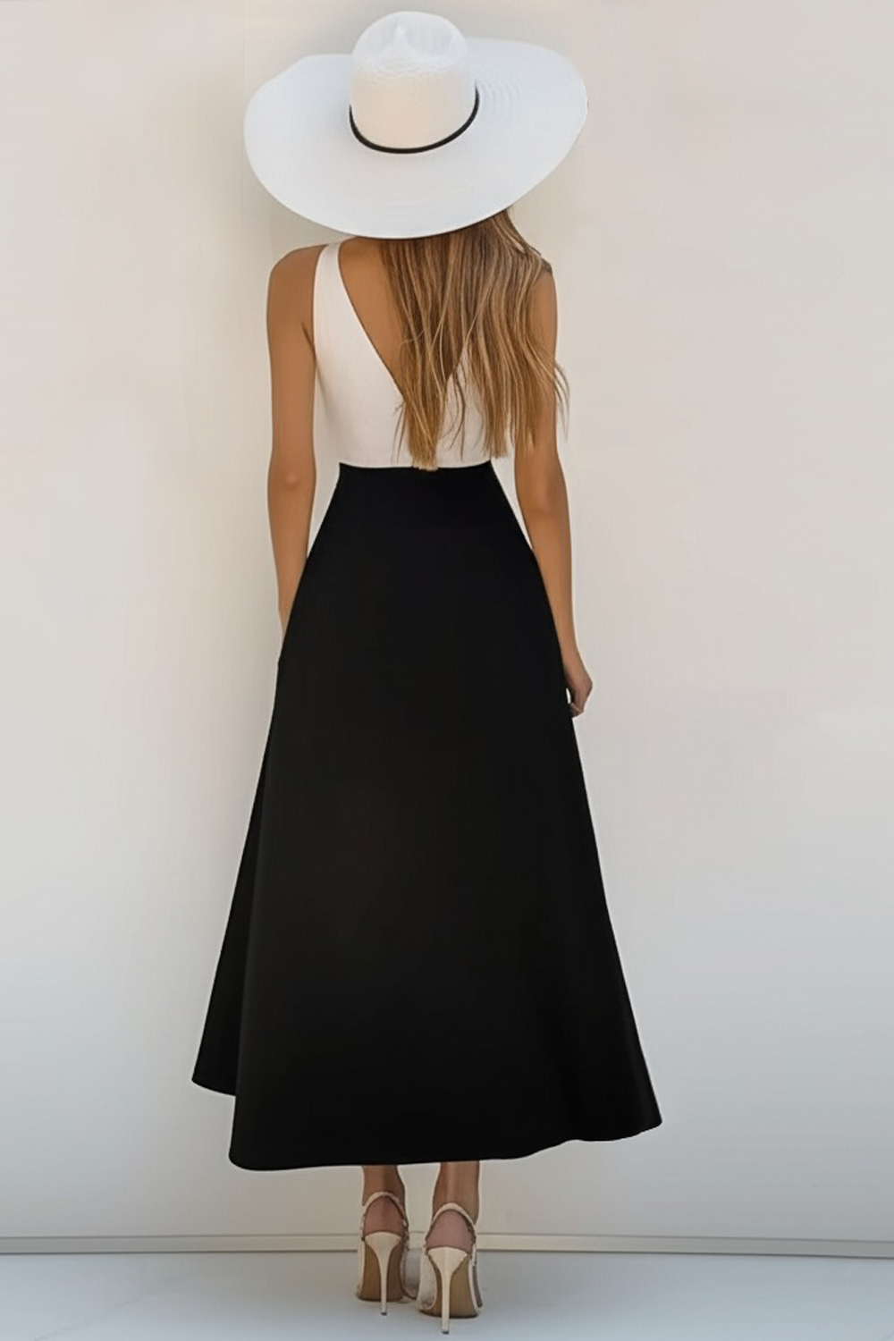 White and Black A Line V-Neck Boho Maxi Dress