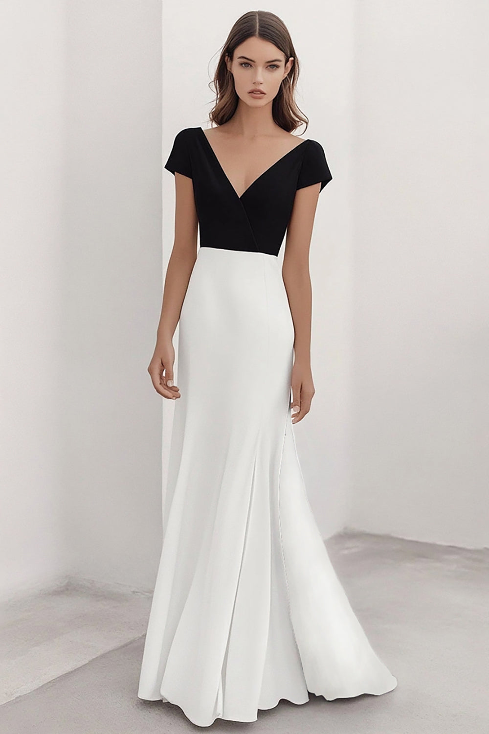 Black White V-Neck Sheath Maxi Formal Dress with Short Sleeves