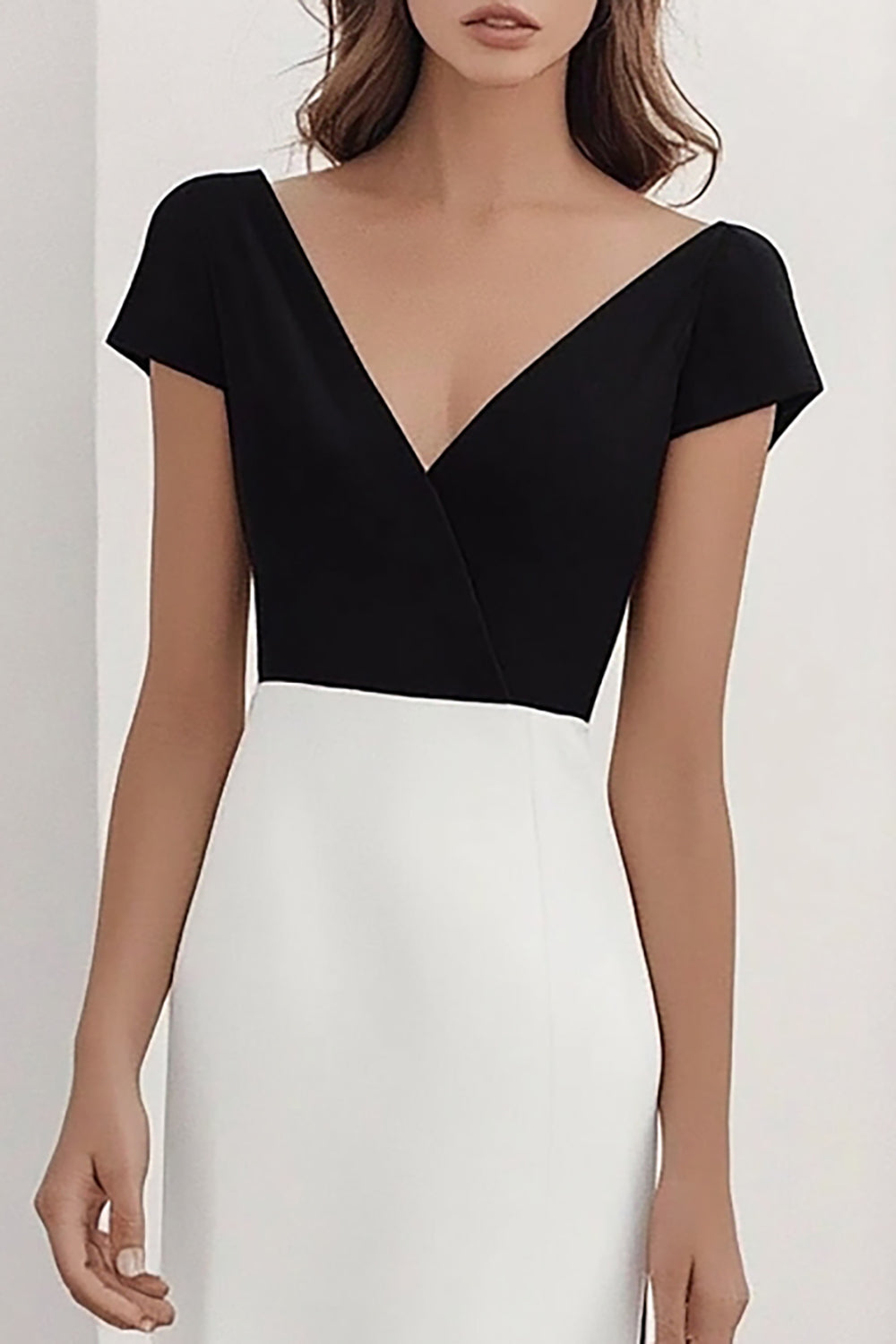 Black White V-Neck Sheath Maxi Formal Dress with Short Sleeves