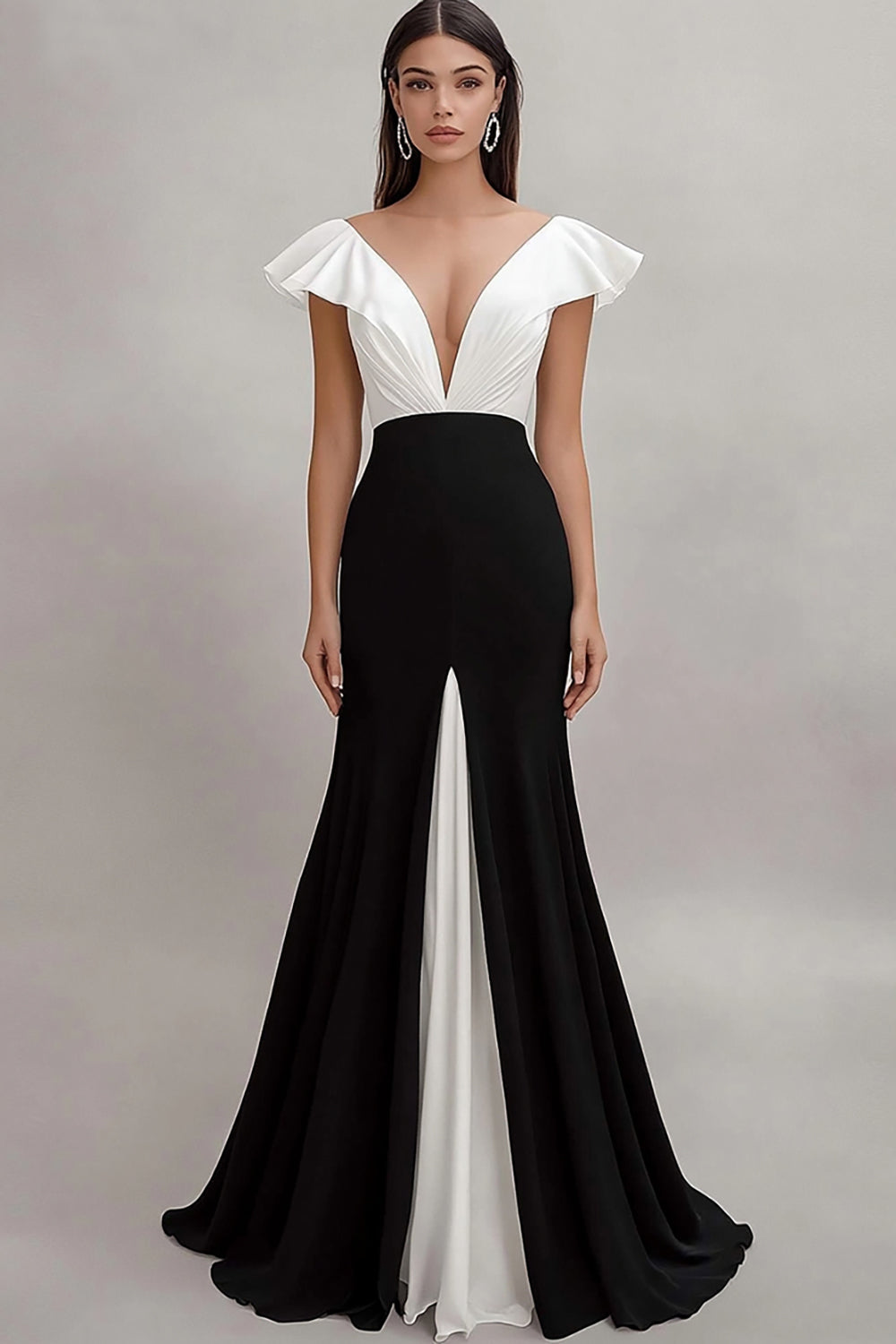 Black White Mermaid V-Neck Maxi Ruffled Formal Dress