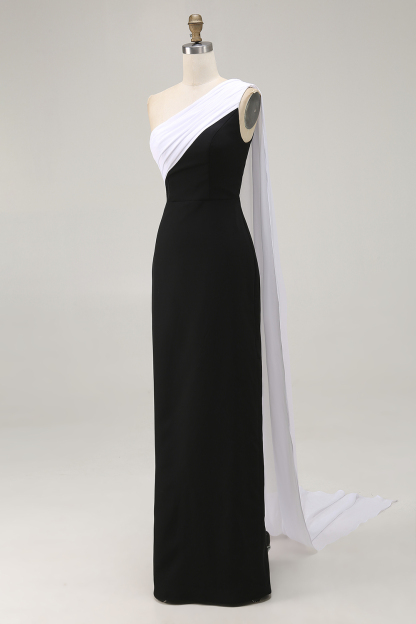 Long Black White Sheath One Shoulder Formal Dress with Side Cape