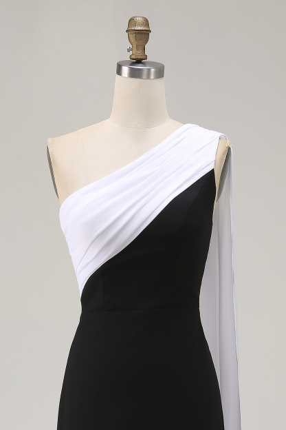 Long Black White Sheath One Shoulder Formal Dress with Side Cape