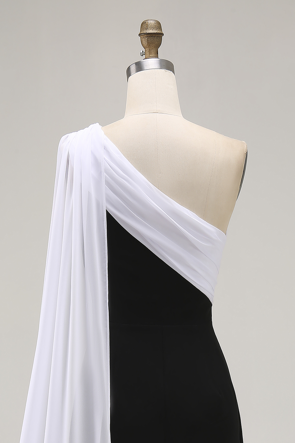 Long Black White Sheath One Shoulder Formal Dress with Side Cape