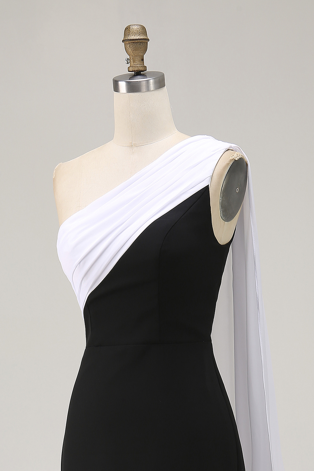 Long Black White Sheath One Shoulder Formal Dress with Side Cape