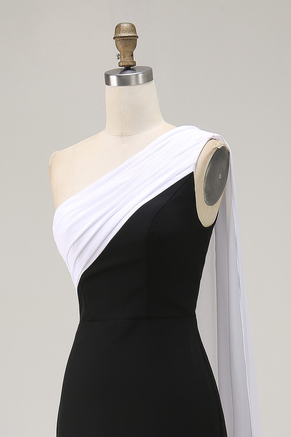 Long Black White Sheath One Shoulder Formal Dress with Side Cape