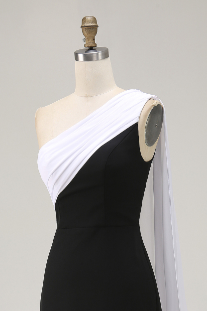 Long Black White Sheath One Shoulder Formal Dress with Side Cape