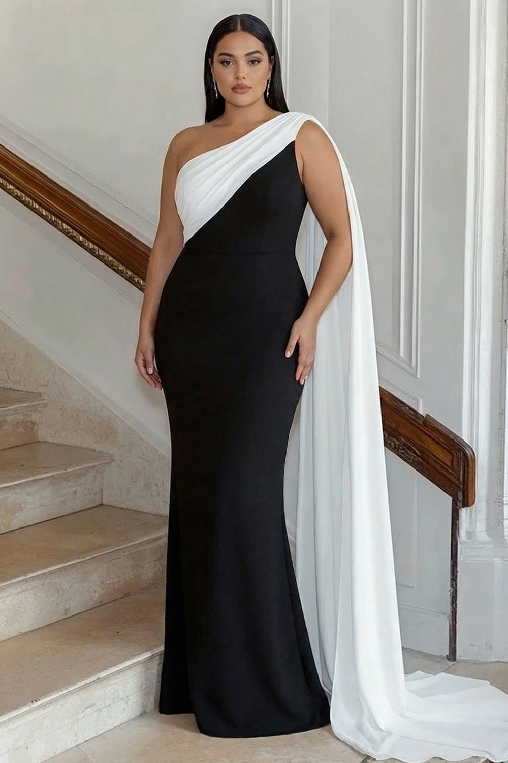 Long Black White Plus Size Sheath One Shoulder Formal Dress with Side Cape