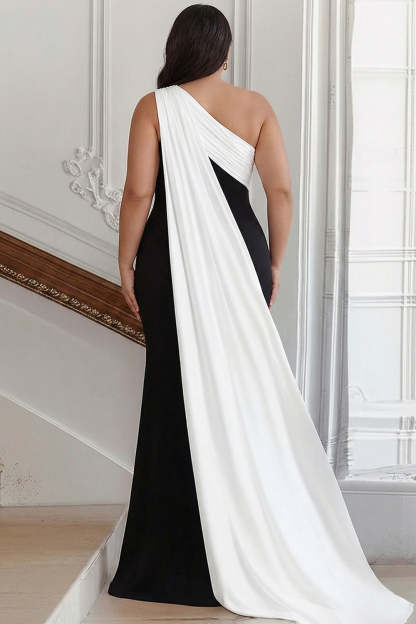 Long Black White Plus Size Sheath One Shoulder Formal Dress with Side Cape