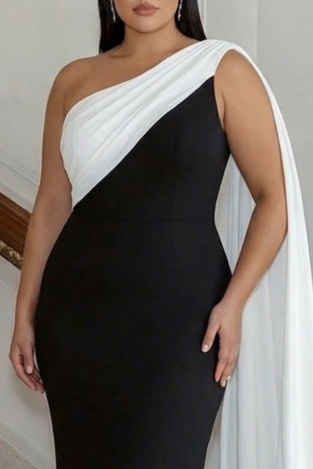 Long Black White Plus Size Sheath One Shoulder Formal Dress with Side Cape