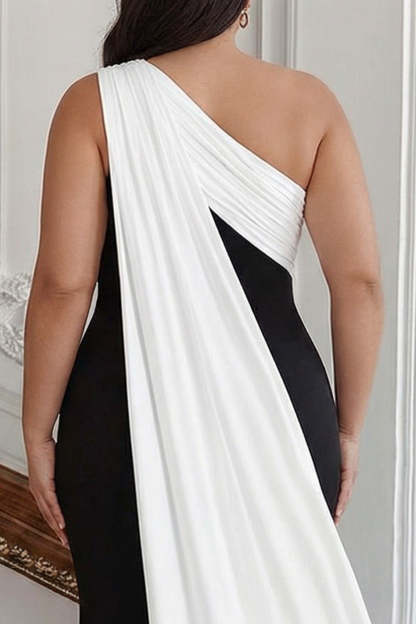 Long Black White Plus Size Sheath One Shoulder Formal Dress with Side Cape