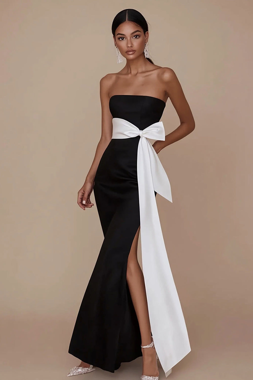 Black White Mermaid Strapless Satin Maxi Formal Dress with Slit