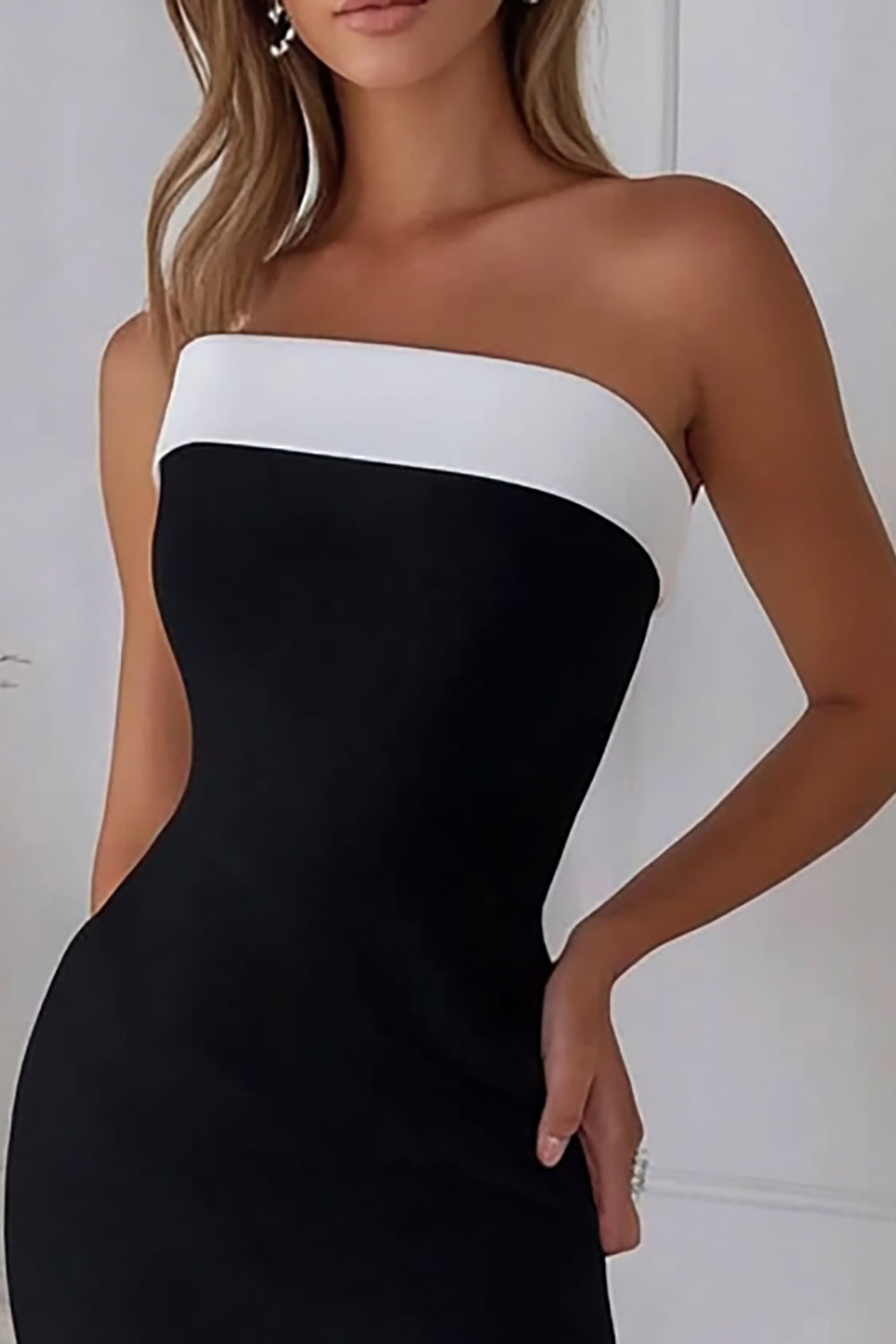 Black White Bodycon Strapless Midi Satin Cocktail Dress with Ruffles