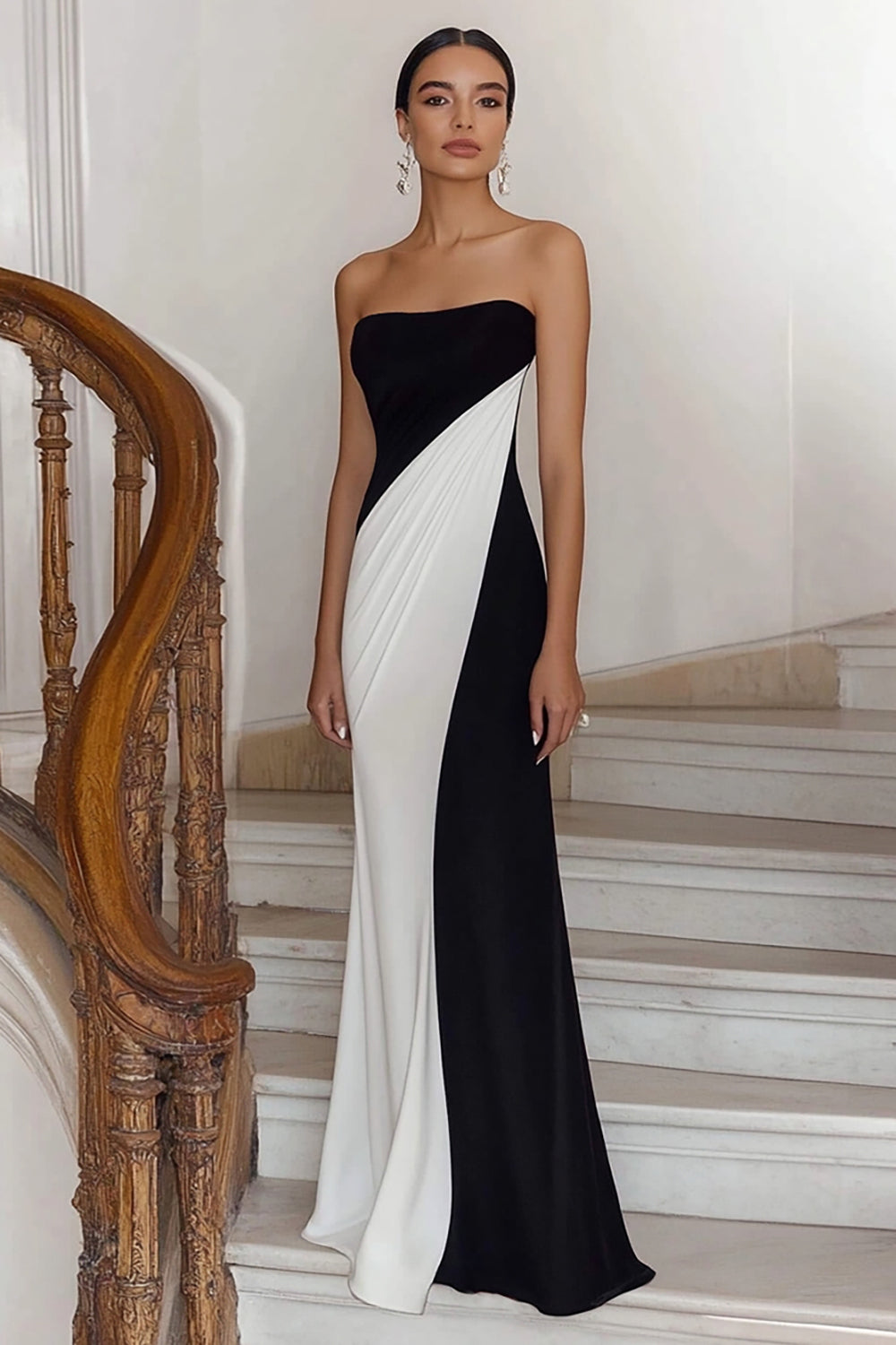 Black White Sheath Strapless Elegant Maxi Formal Dress