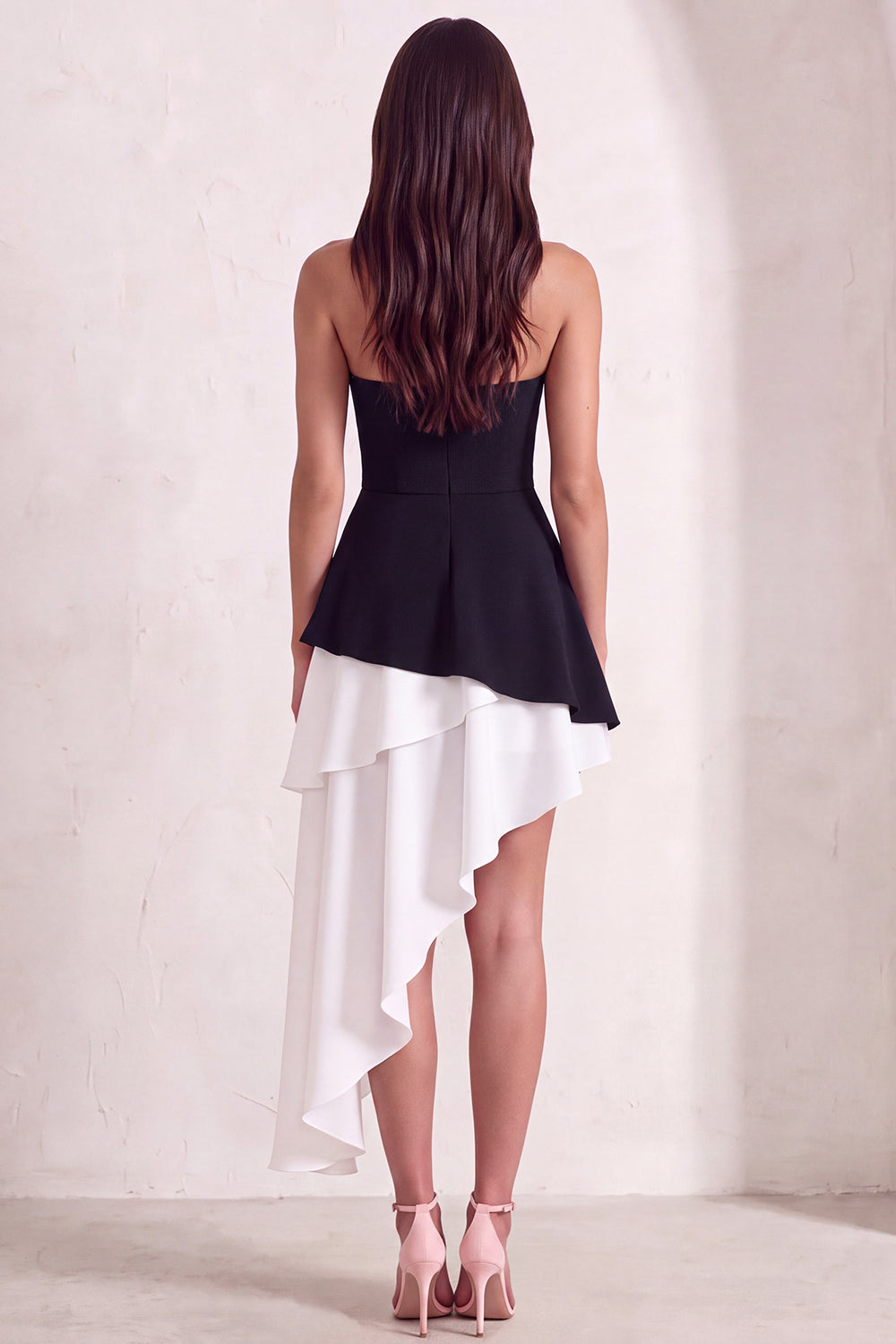 Black and White Strapless Asymmetrical Homecoming Dress with Ruffles