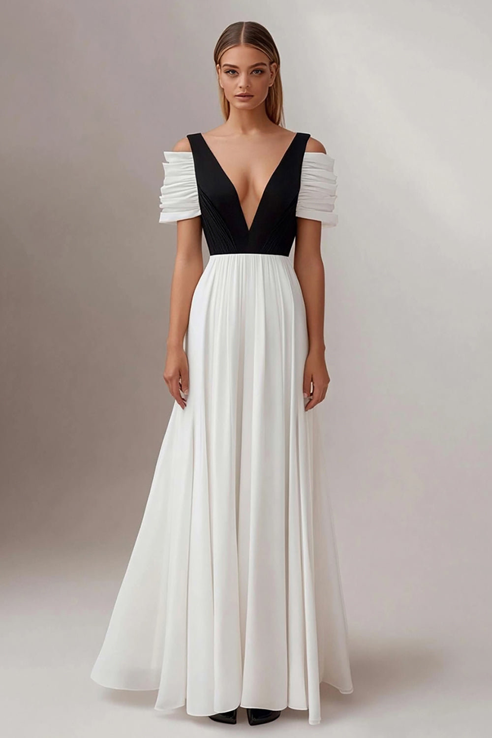 Black White A Line Deep V-Neck Pleated Maxi Formal Dress