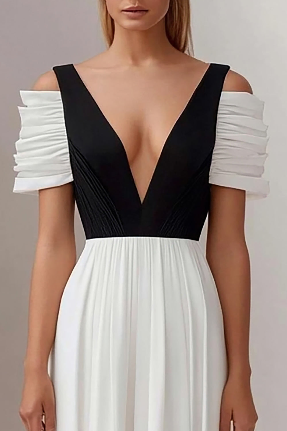 Black White A Line Deep V-Neck Pleated Maxi Formal Dress