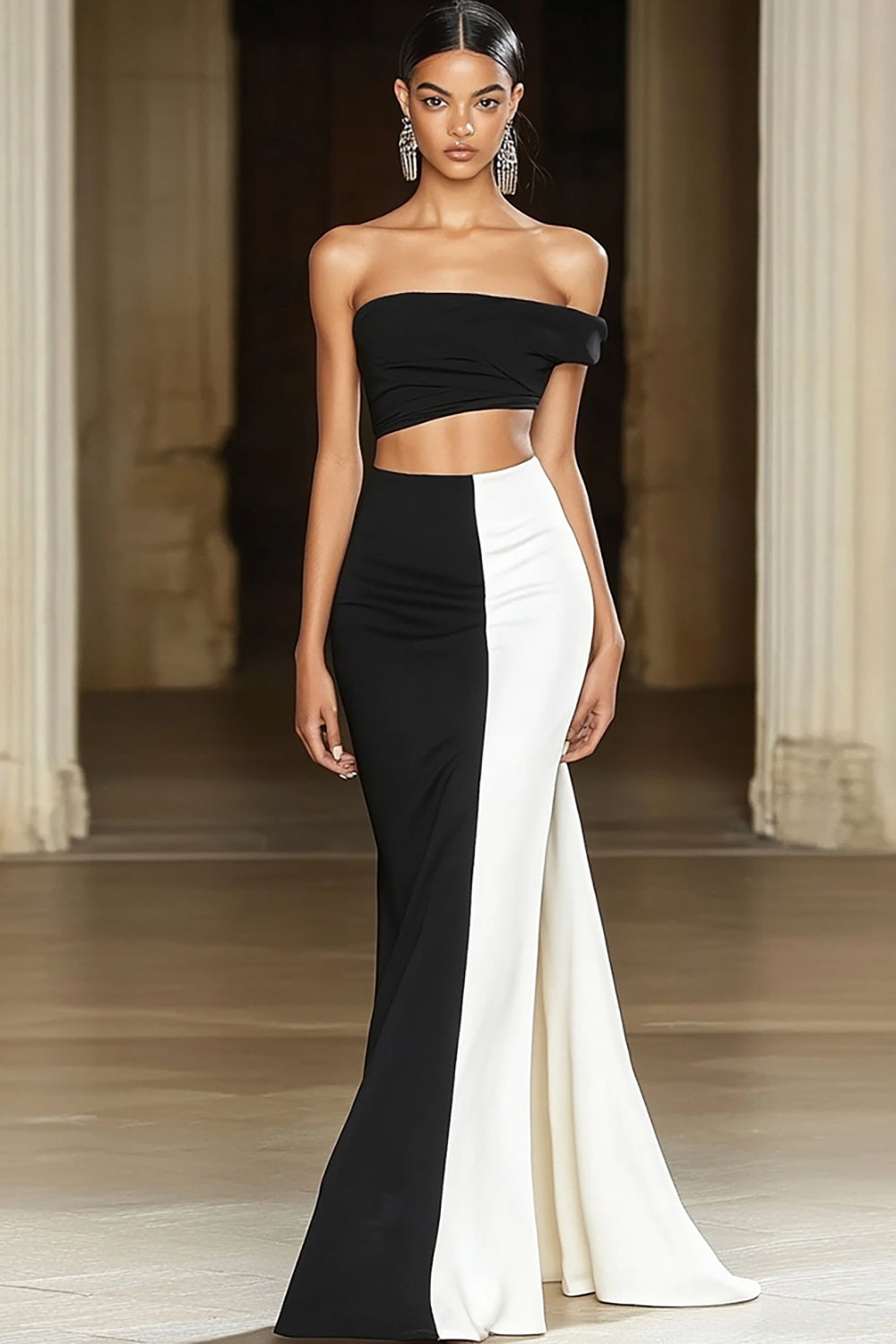 Mermaid Black White Off the Shoulder Satin Maxi Formal Dress