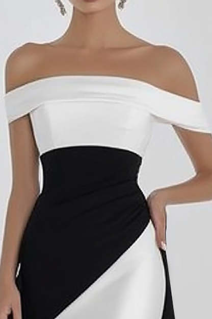 Black White Sheath Off the Shoulder Satin Maxi Formal Dress