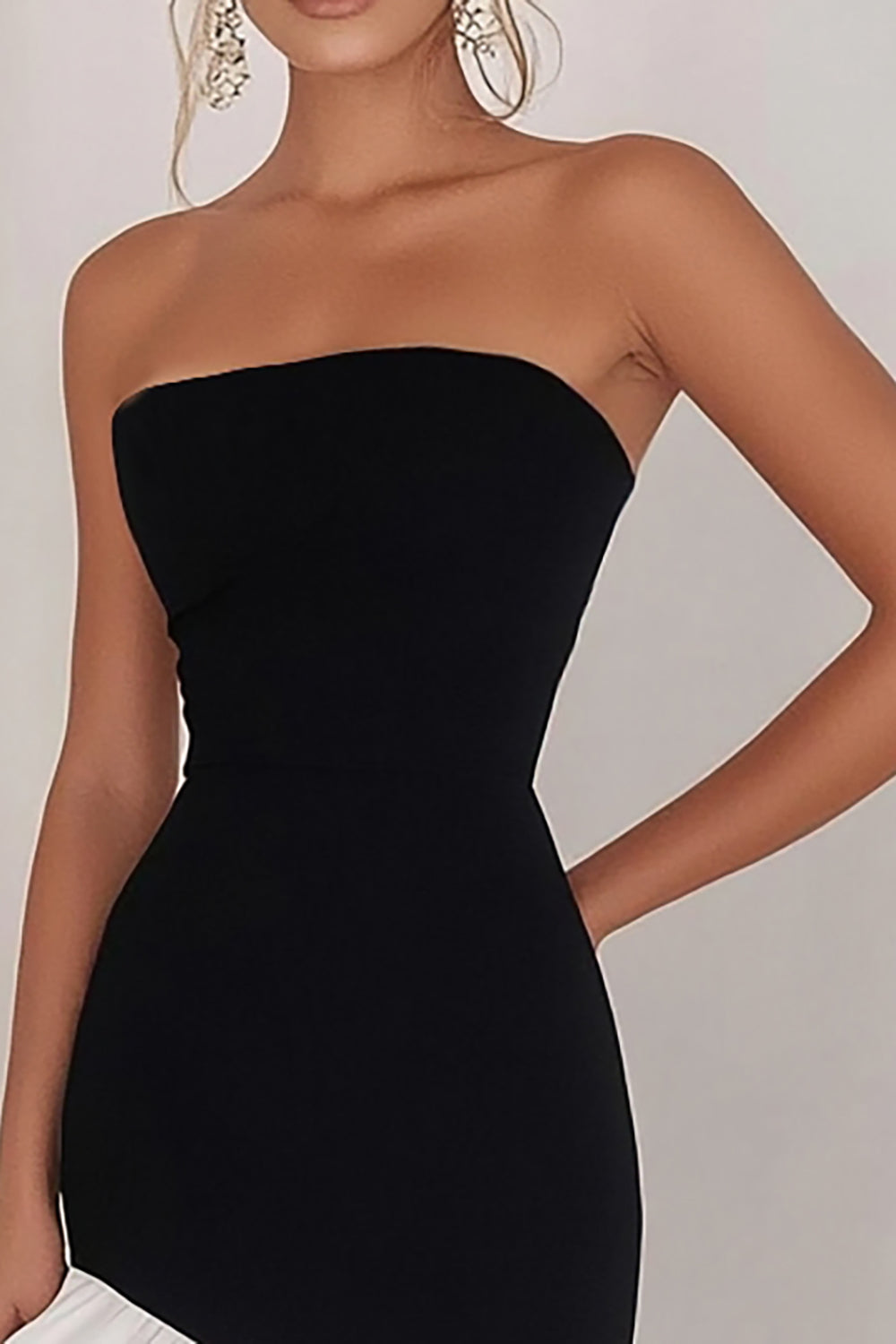 Bodycon Strapless Black White Midi Cocktail Dress with Ruffles