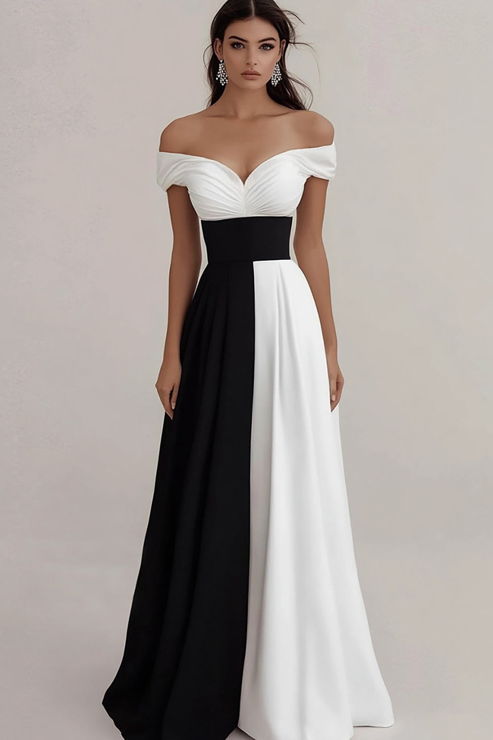 Black White A Line Off The Shoulder High Waist Maxi Formal Dress
