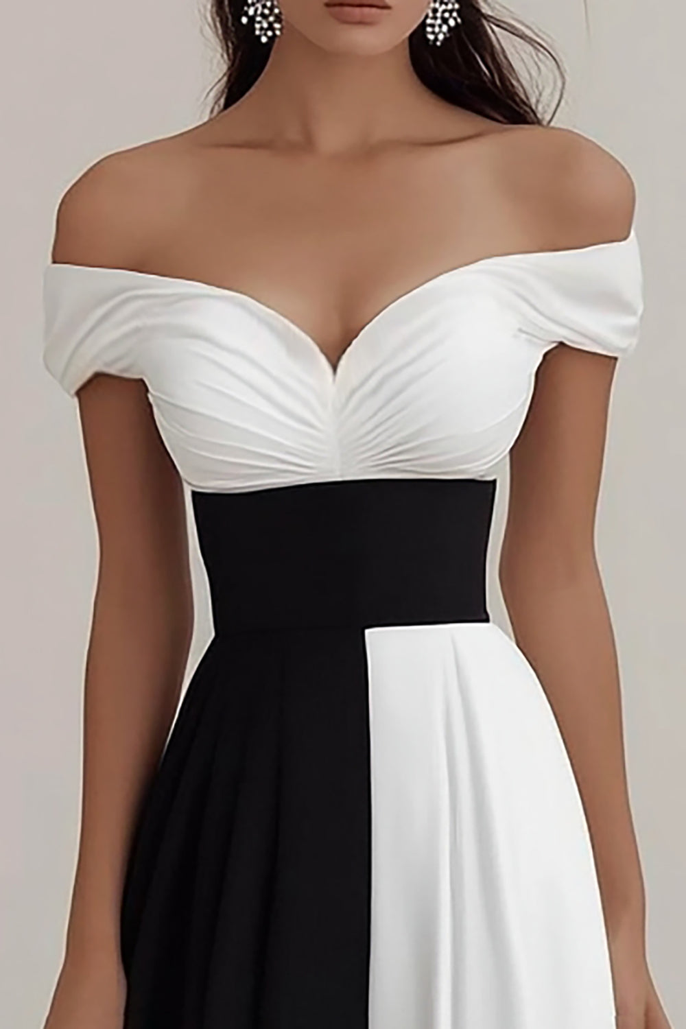 Black White A Line Off The Shoulder High Waist Maxi Formal Dress