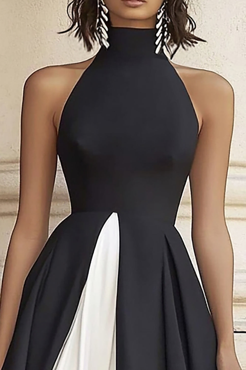 Black White A Line High Neck Maxi Formal Dress with Ruffles