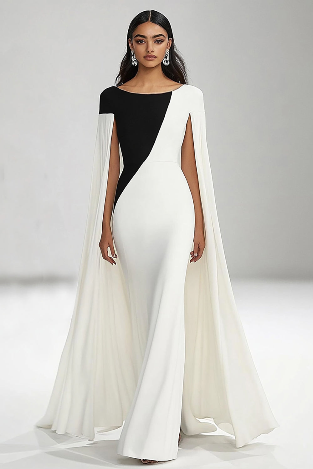 Sheath Boat Neck Black White Maxi Formal Dress with Cape