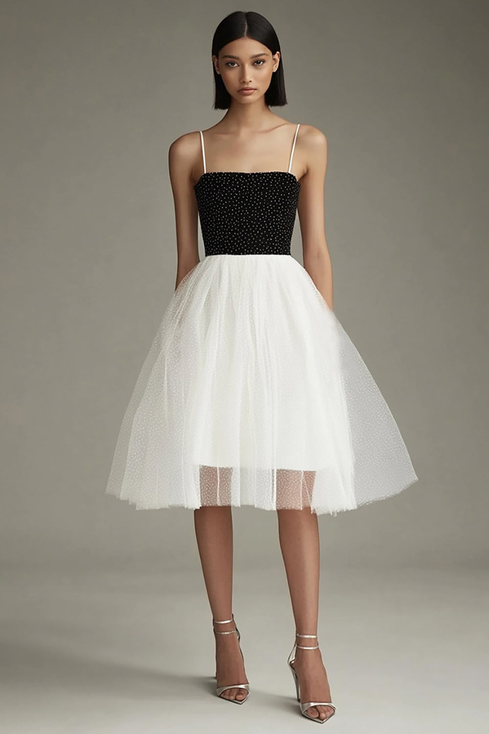Cute Black White A Line Tulle Spaghetti Straps Midi Graduation Dress