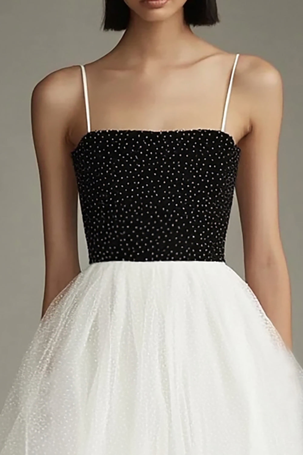 Cute Black White A Line Tulle Spaghetti Straps Midi Graduation Dress