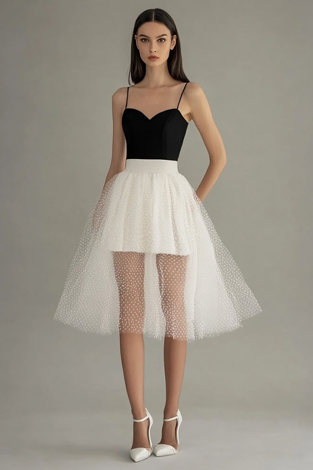 Midi Black White A Line Spaghetti Straps Tulle Graduation Dress