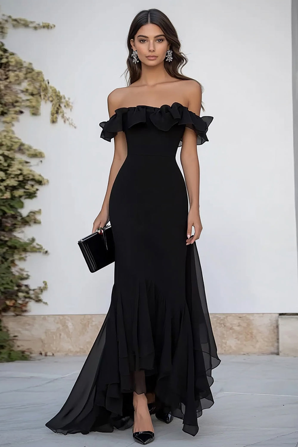 Black Chiffon Mermaid Maxi Formal Dress with Ruffles