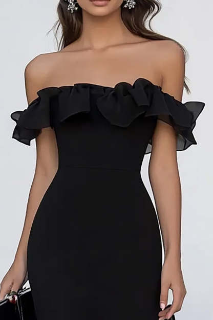Black Chiffon Mermaid Maxi Formal Dress with Ruffles