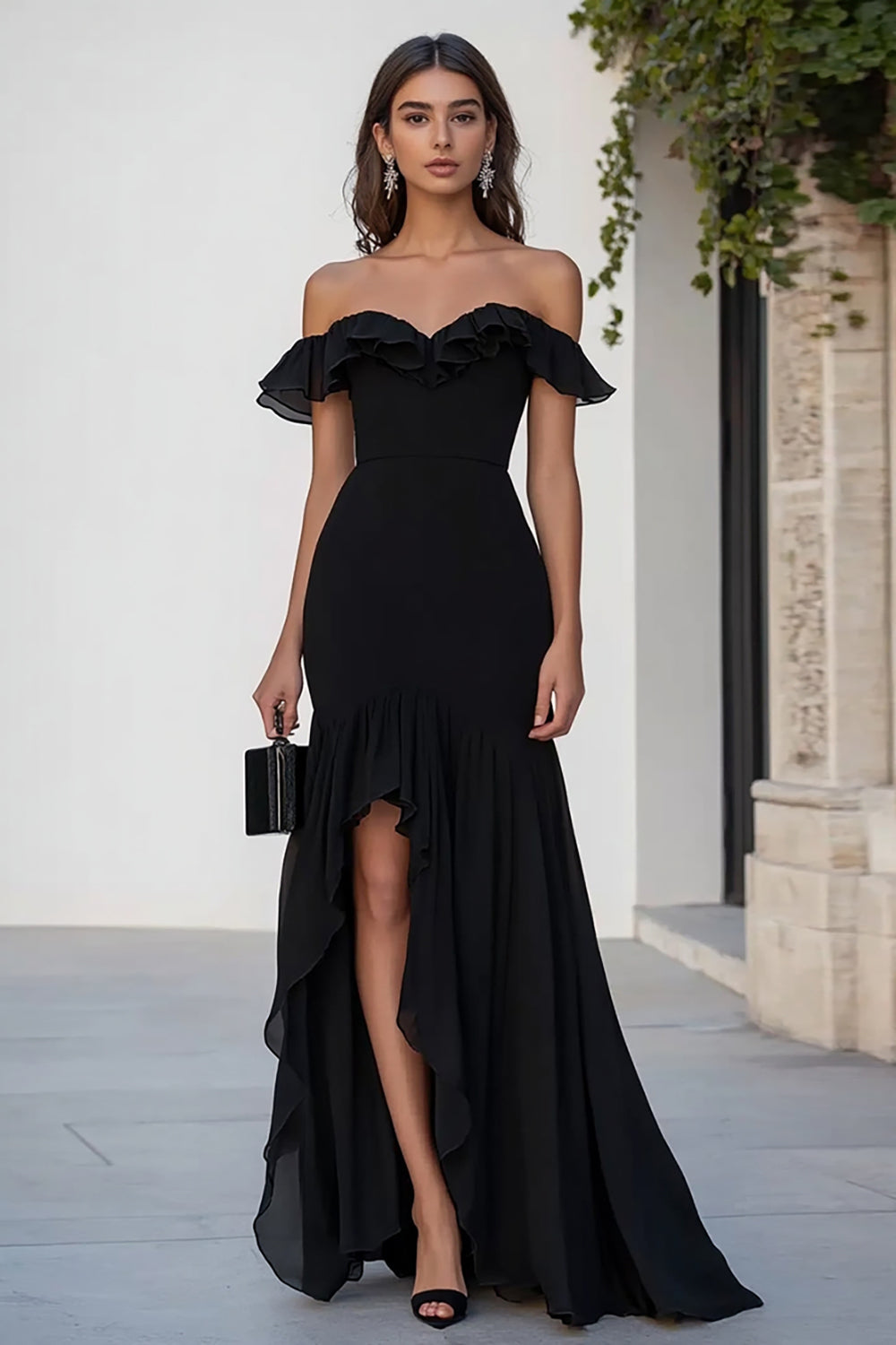 Black Chiffon Off the Shoulder Mermaid Maxi Formal Dress with Slit