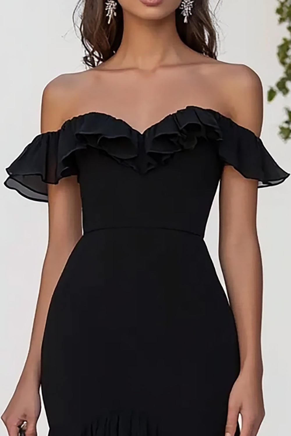 Black Chiffon Off the Shoulder Mermaid Maxi Formal Dress with Slit