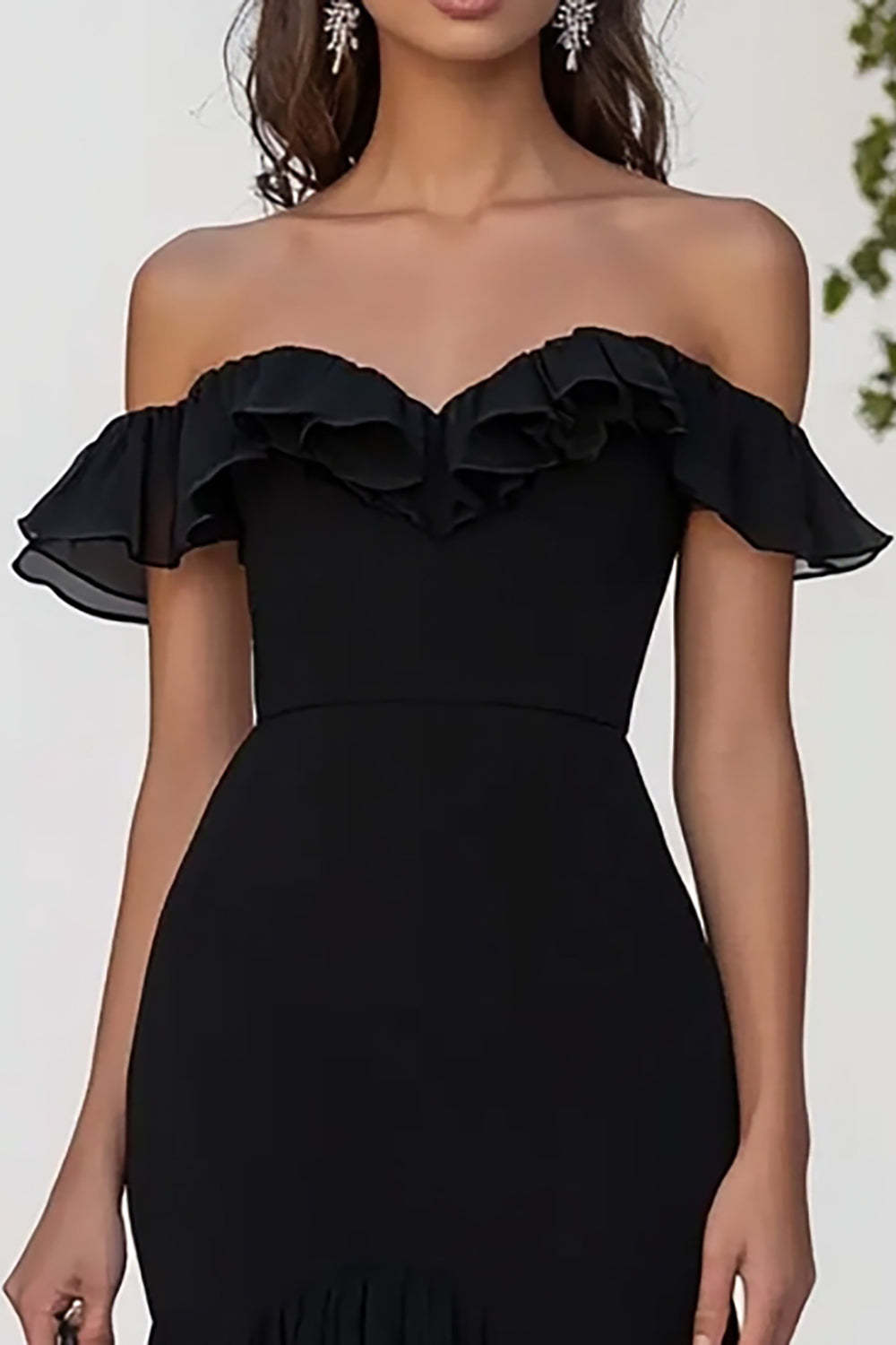 Black Chiffon Off the Shoulder Mermaid Maxi Formal Dress with Slit