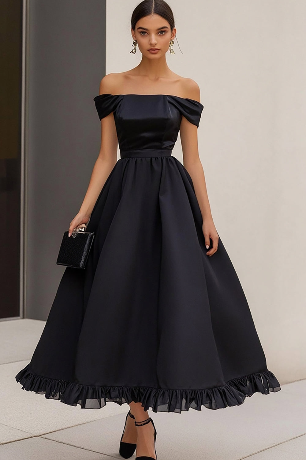 Leely Women Satin Maxi Formal Dress with Ruffles Off the Shoulder A Line Black Tie Dress