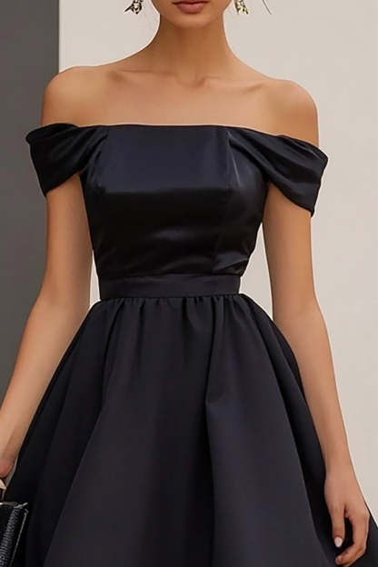 Black A Line Satin Maxi Formal Dress with Ruffles