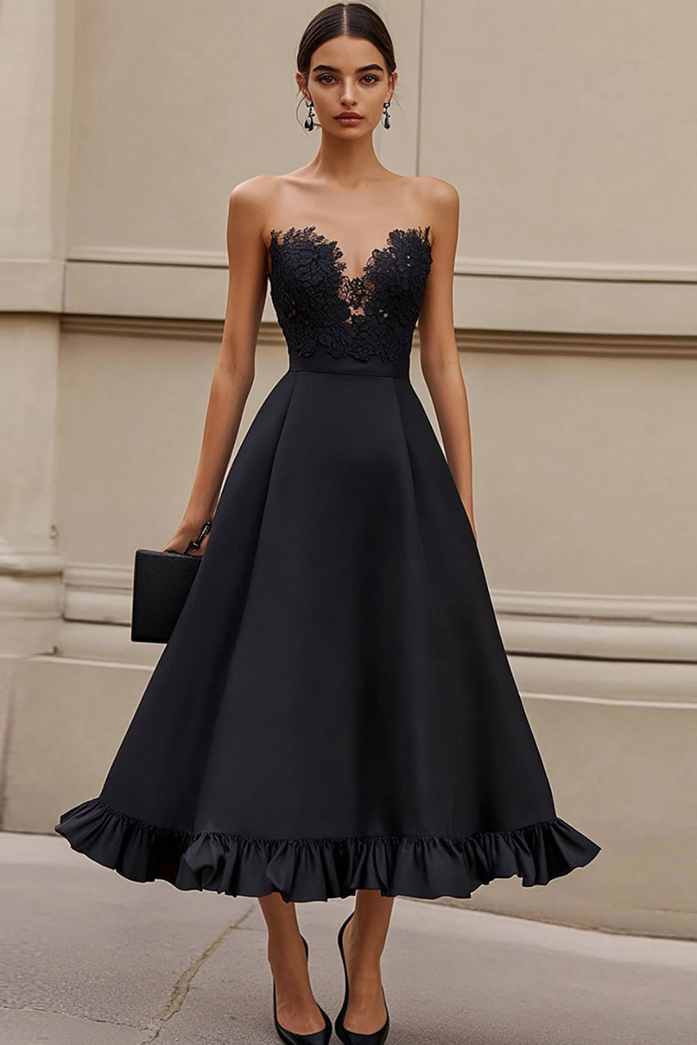 Leely Women Satin A Line Maxi Formal Dress with Appliques Strapless Ruffled Black Tie Dress