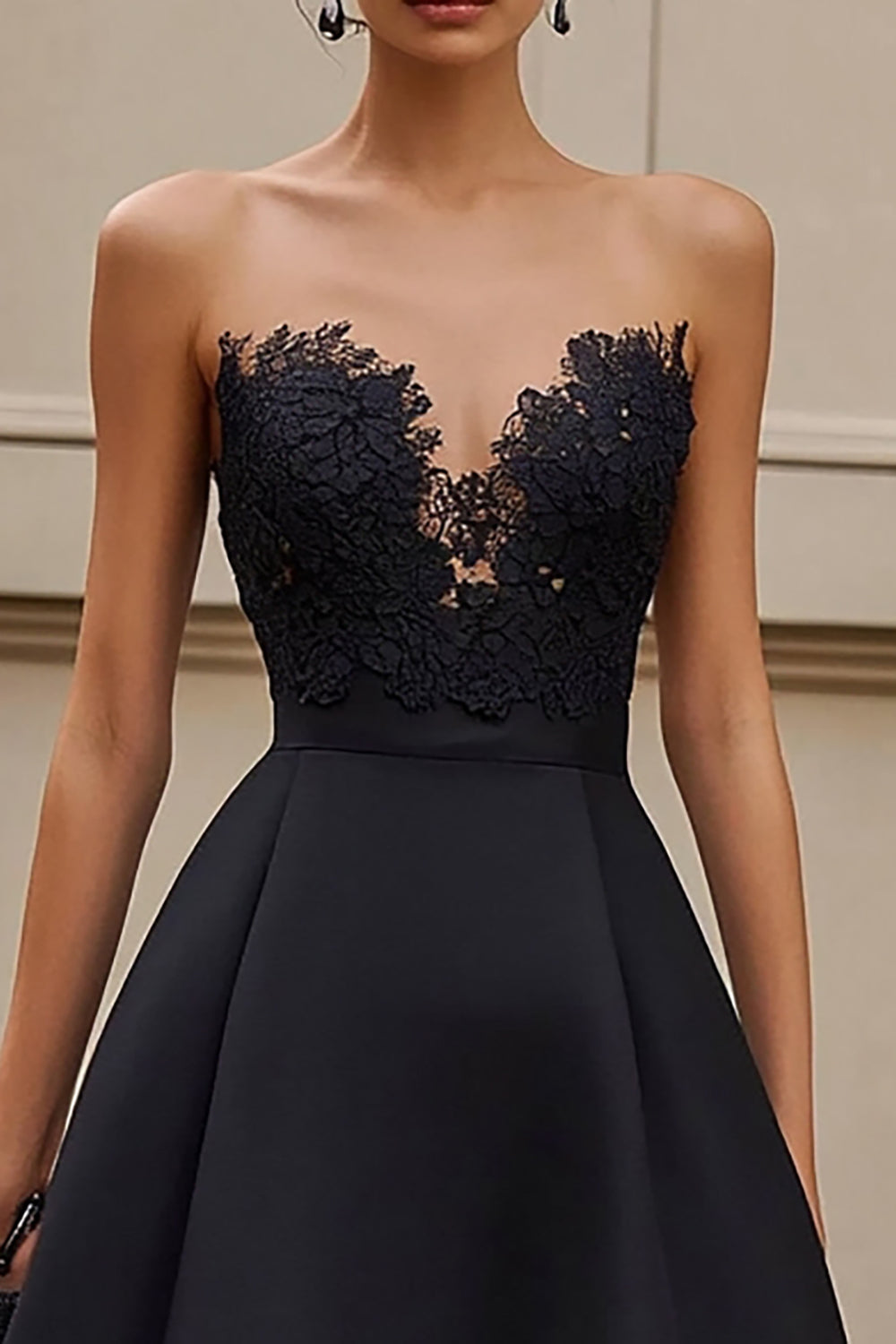 Black Satin A Line Ruffled Maxi Formal Dress with Appliques
