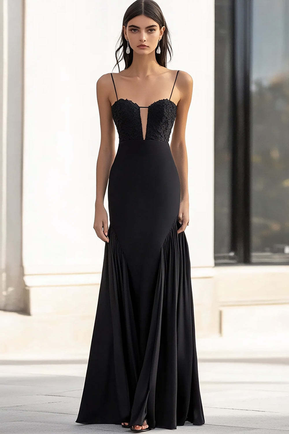 Leely Women Spaghetti Straps Maxi Formal Dress with Appliques Sheath Sleeveless Black Tie Dress