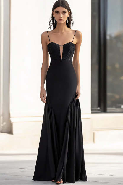 Leely Women Spaghetti Straps Maxi Formal Dress with Appliques Sheath Sleeveless Black Tie Dress