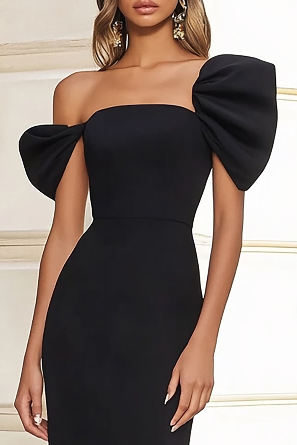 Black Puff Sleeves Mermaid Maxi Formal Dress with Slit