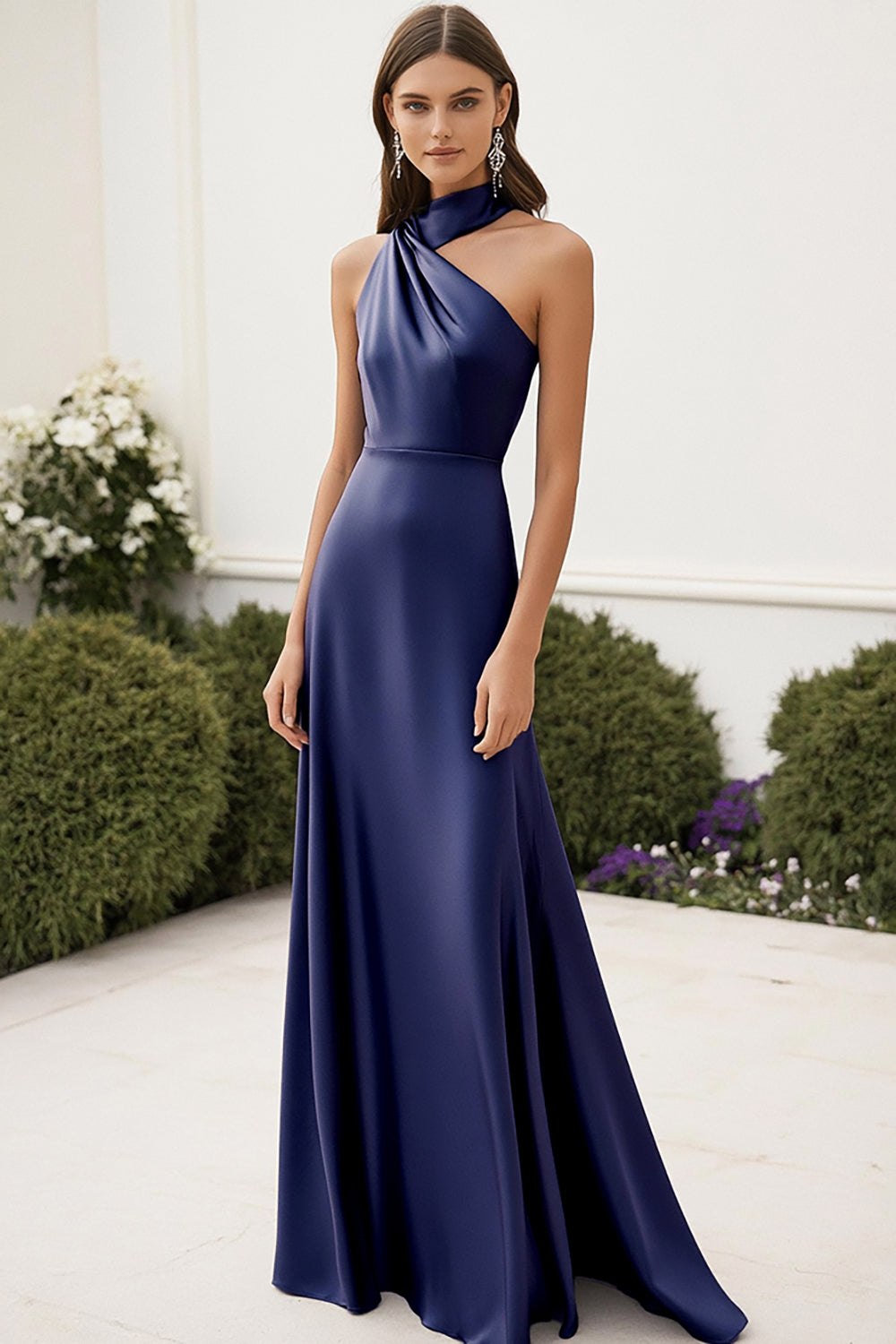 Navy High Neck Sheath Satin Ruched Maxi Formal Dress