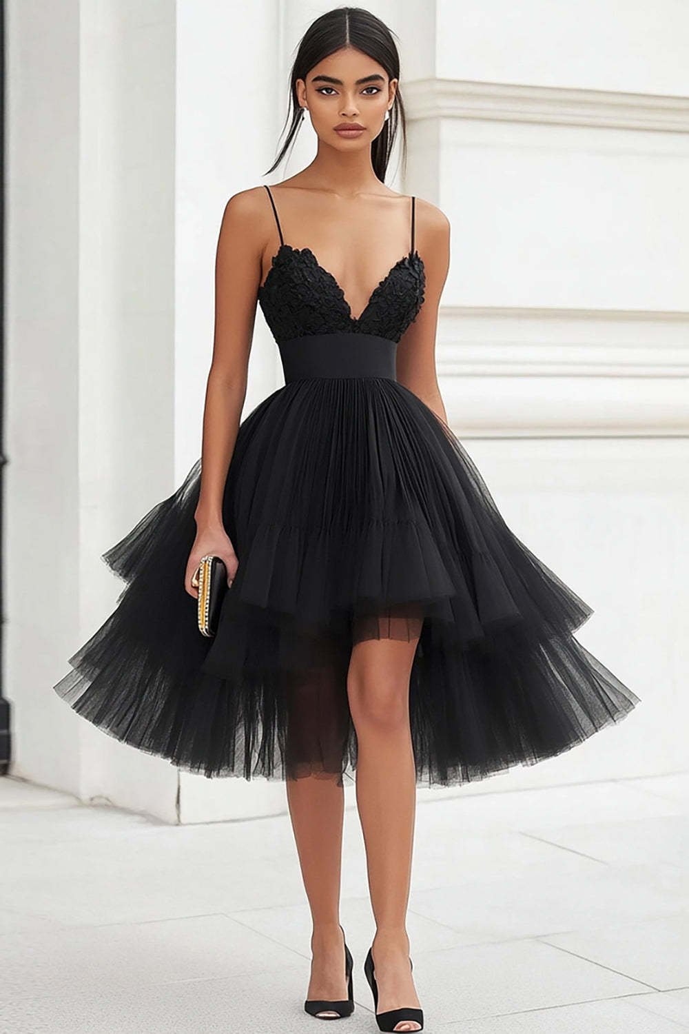 Leely Women Black Tulle Midi A Line Graduation Dress with Slit Tiered Spaghetti Straps Little Black Dress
